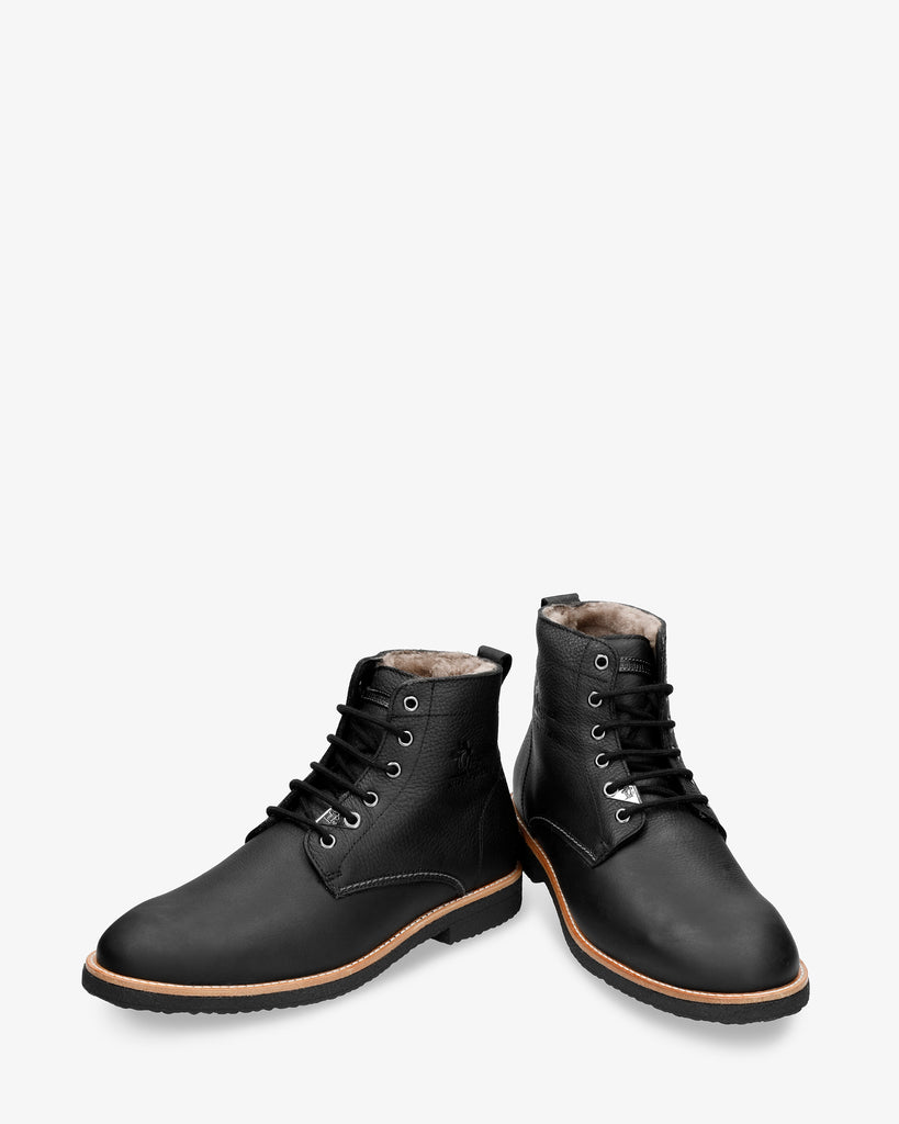 Glasgow Igloo botines de piel con forro interior de pelo natural. negro